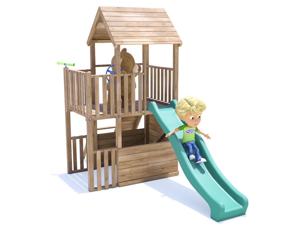 Standalone garden playhouse tower with slide and climbing wall fully pressure treated timber