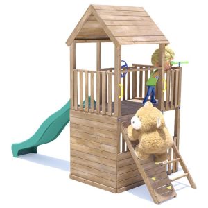 Standalone garden playhouse tower with slide and climbing wall fully pressure treated timber