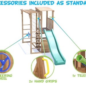 Climbing tower with slide and cargo net pressure treated timber