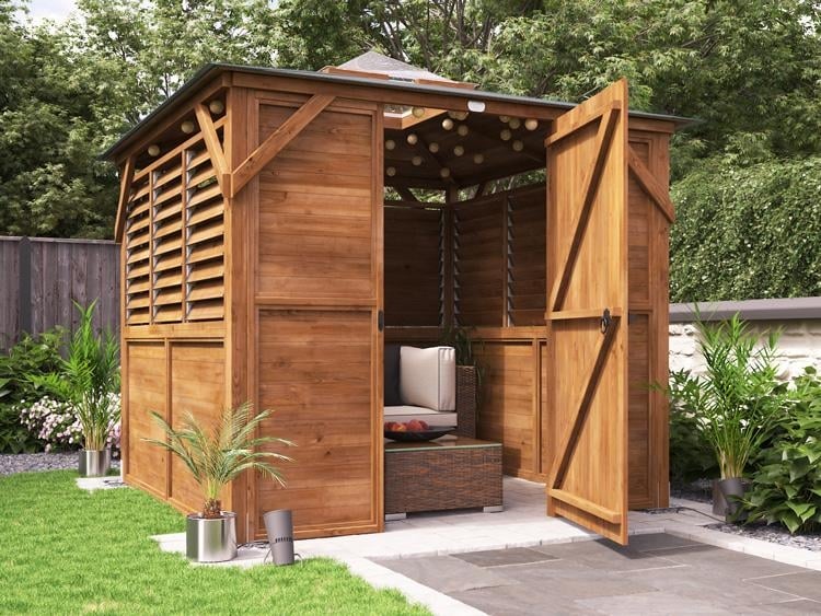 Full enclosed Wooden Gazebo With Door Fully pressure treated and Louvre Panels door Shut