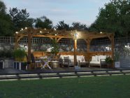 Leviathan Hall walled chunky timber pergola night scene