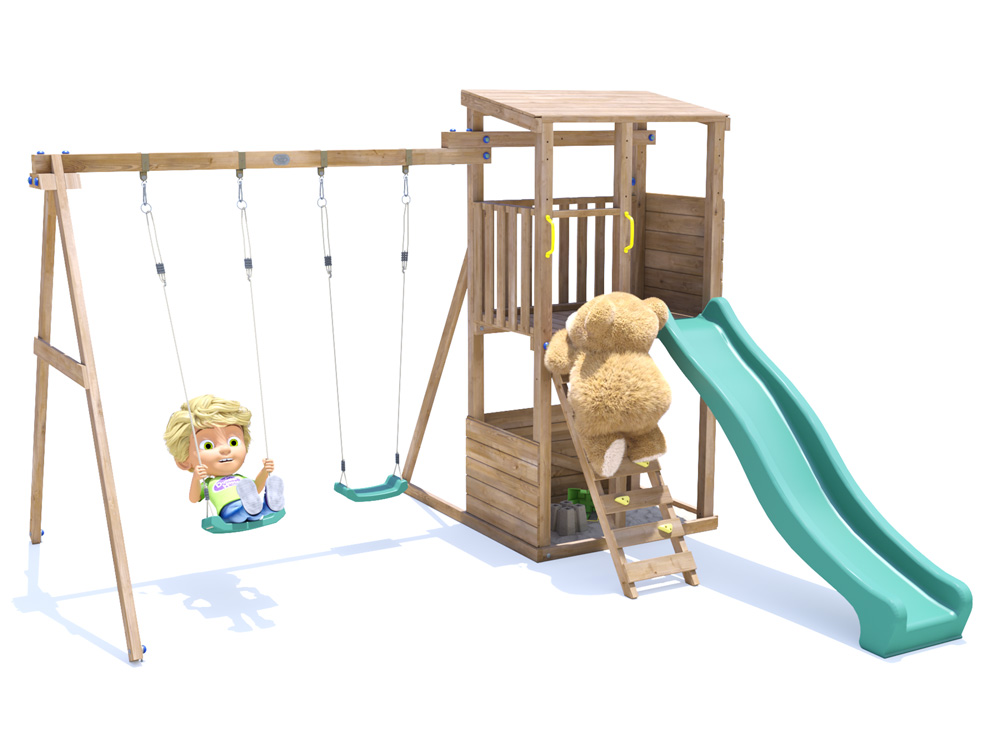 Climbing frame with 2 swings 1 slide timber squirrellfort