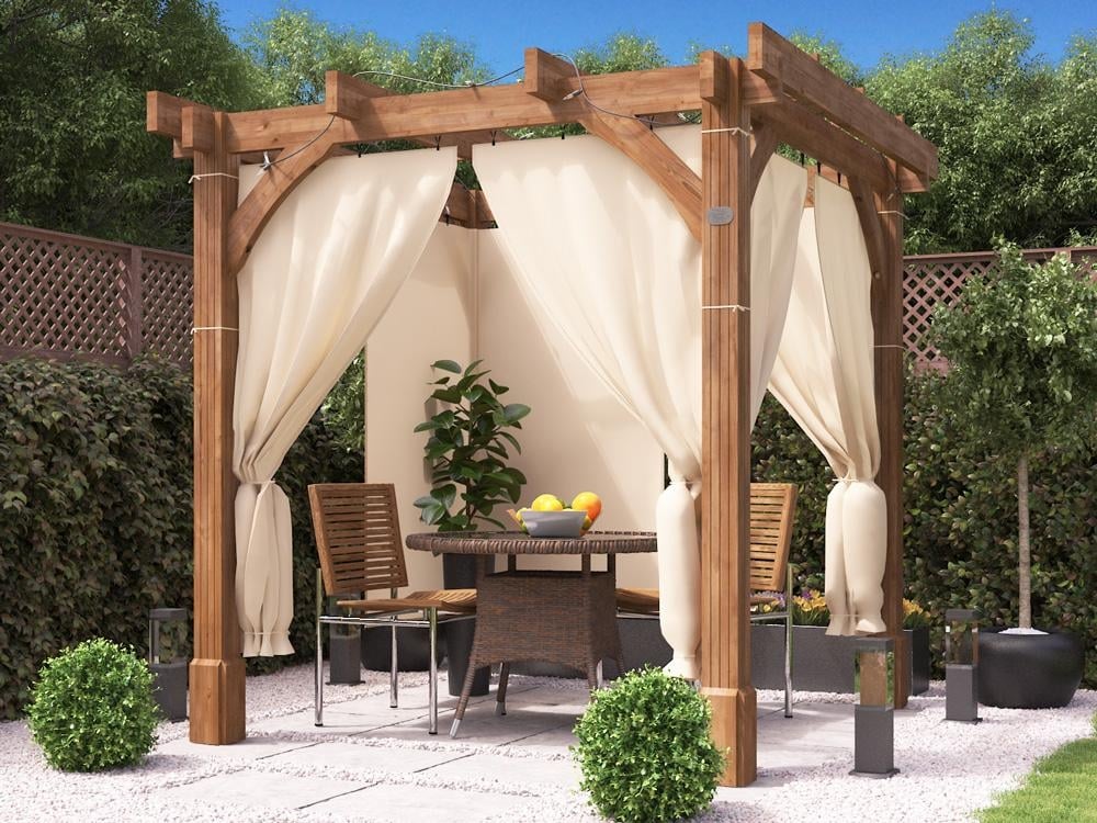 Wooden Pergola with curtains by Dunster House