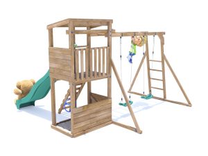 Climbing frame with monkey bars and swing set, slide and telescope squirrelfort
