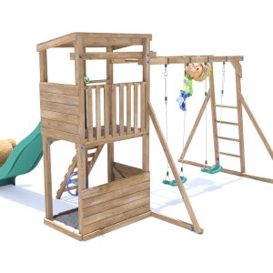 Climbing frame with monkey bars and swing set, slide and telescope squirrelfort