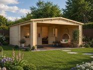 Wooden log cabin with gazebo