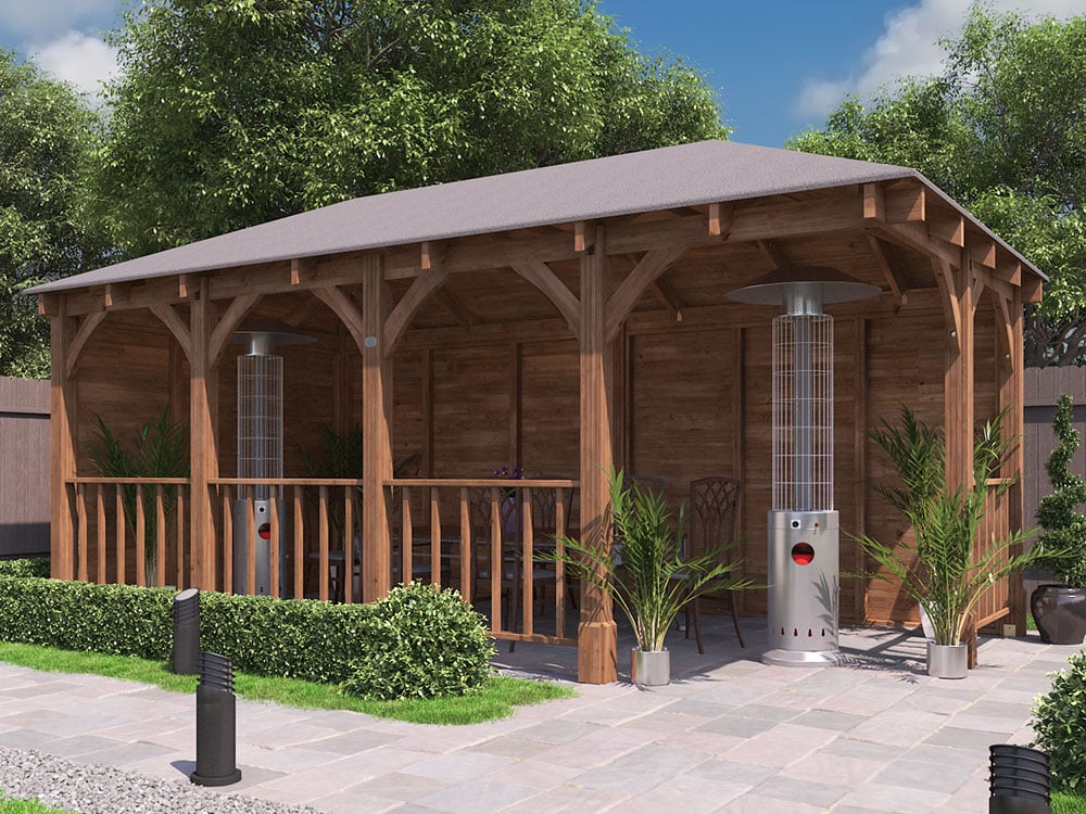 Leviathan Corner Gazebo 6m x 3m with full height wooden walls and balustrades