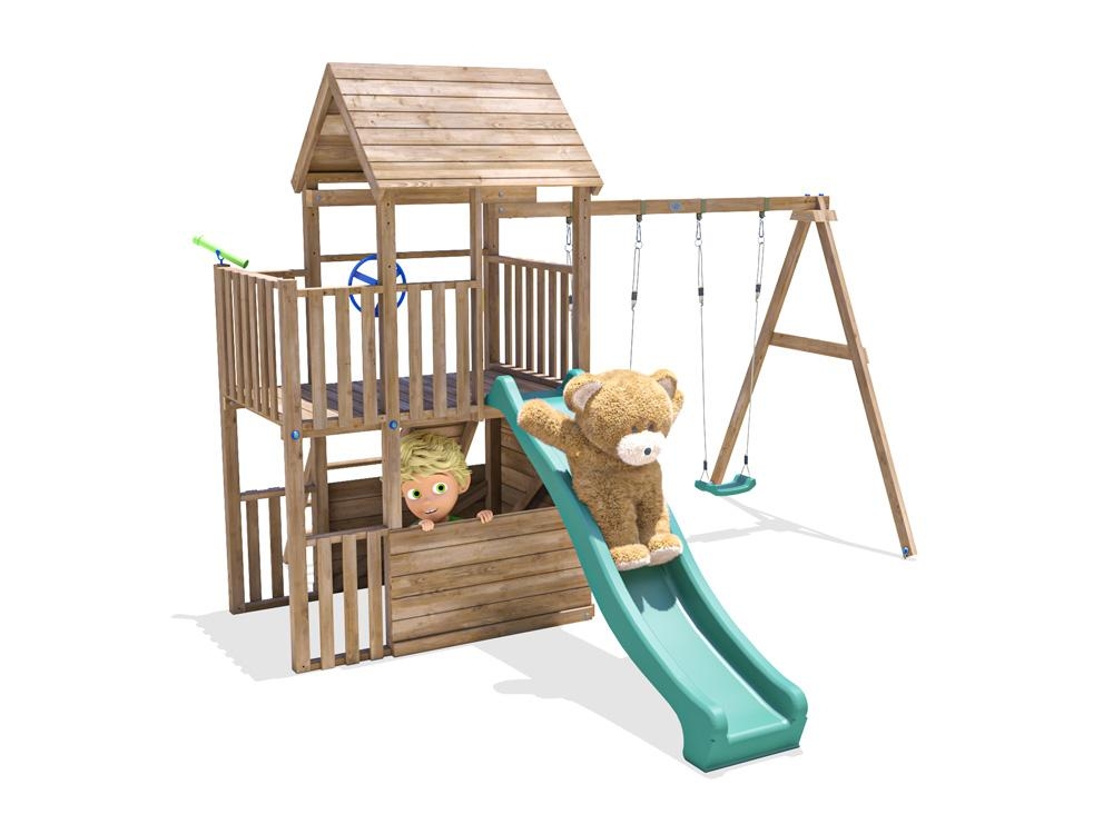 tall climbing frame with Monkey Bars. x2 swings and slide