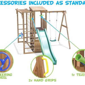 Wooden climbing frame swing set with accessories
