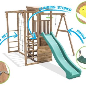 Cargo net with climbing frame swing and slide set