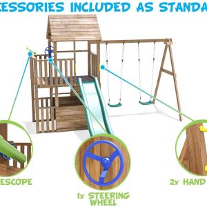 wooden swingset and play tower climbing frame with accessories