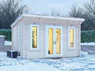 Terminator Insulated Log Cabin white uPVC 4m x 3m winter scene