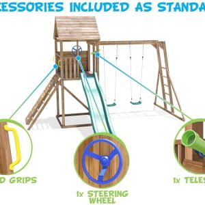 Climbing frame with double swing and slide set, includes steering wheel and telescope