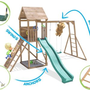 Climbing frame with double swing and slide set, includes Monkey bars and climbing wall with sandpit