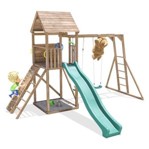 FrontierFort Max Wooden climbing frame with swings slides and climbing wall