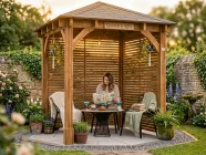 wooden gazebo with slatted panels