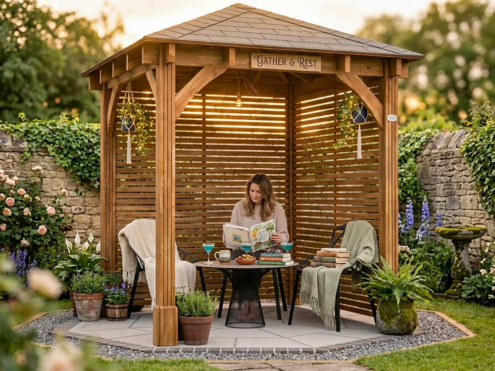 wooden gazebo with slatted panels