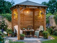 wooden gazebo with slatted panels