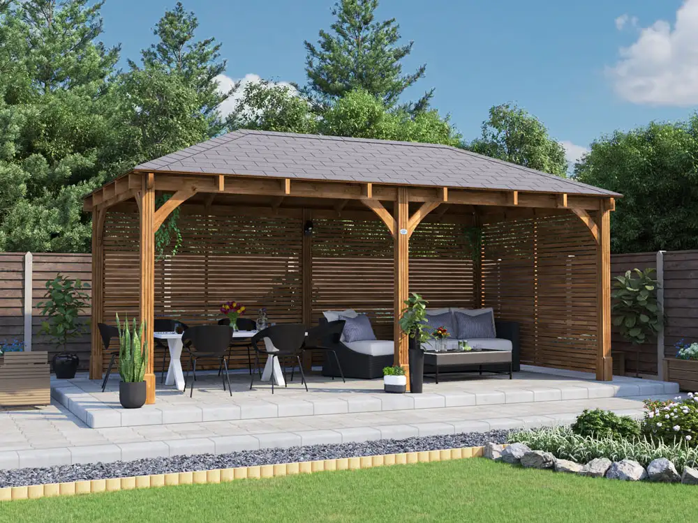 Leviathan Wooden Gazebo With Slatted Walls Night Time 6m x 3m