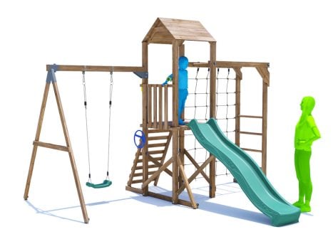 SquirrelFort Climbing Frame with Single Swing, HIGH Platform, Monkey Bars, Cargo Net & Slide