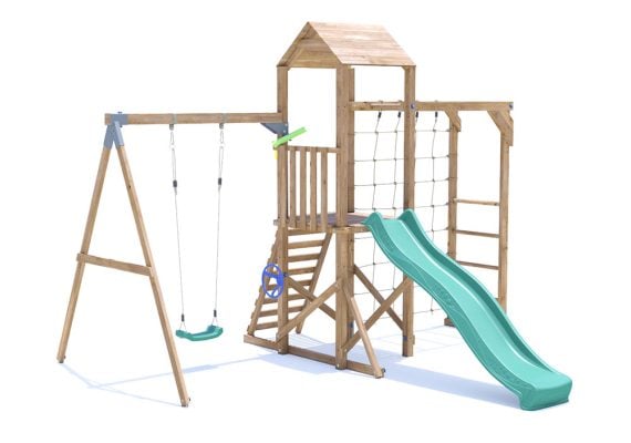 SquirrelFort Climbing Frame with Single Swing, HIGH Platform, Monkey Bars, Cargo Net & Slide