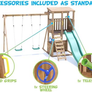 Wooden climbing frame with accessories