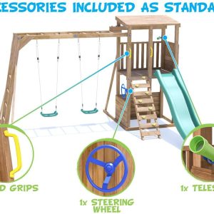Wooden climbing frame with accessories