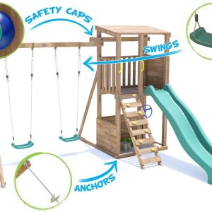 wooden Climbing frames features slides and swings