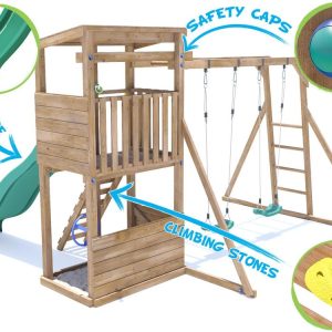 wooden Climbing frames features slides and swings Climbing stones