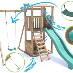 timber climbing frame with ground anchors and safety caps
