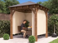 wooden gazebo with curtains- small wooden gazebo