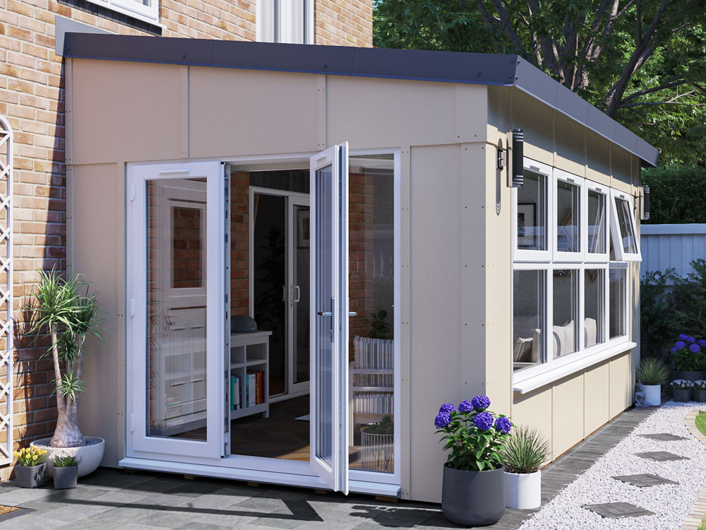 Addroom Modular Extension 5m x 3m side door, dwarf window front and solid wall