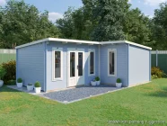 HellWolf L-Shape Log Cabin 7050 (6850) Closed image showing painted timber log cabin in garden with text description