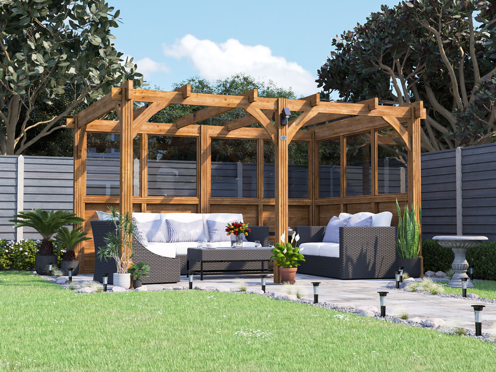 4 x 3 Wooden Garden Pergola with glazed walls, Dunster House, Leviathan Night