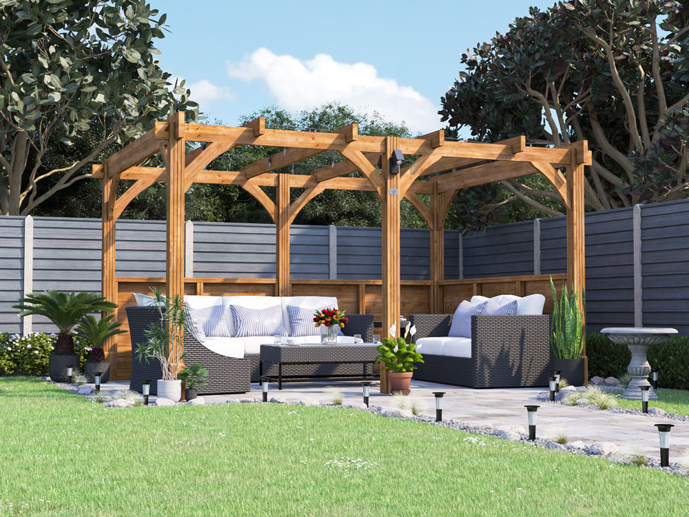 Wooden 4 x 3 Garden Pergola with half height walls, heavy duty structure NIGHT