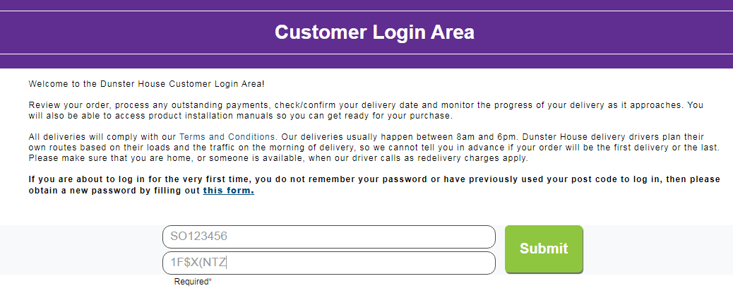 Our Customer Log In Area - Dunster House Website - Enter your Password