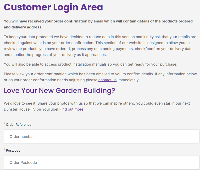 Customer Log In Area