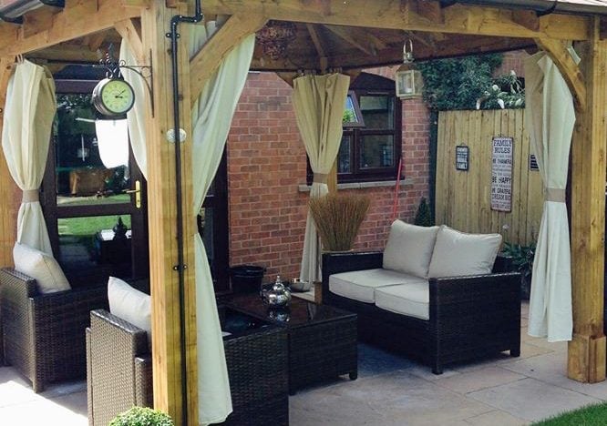 3x3 leviathan wooden garden gazebo with curtains