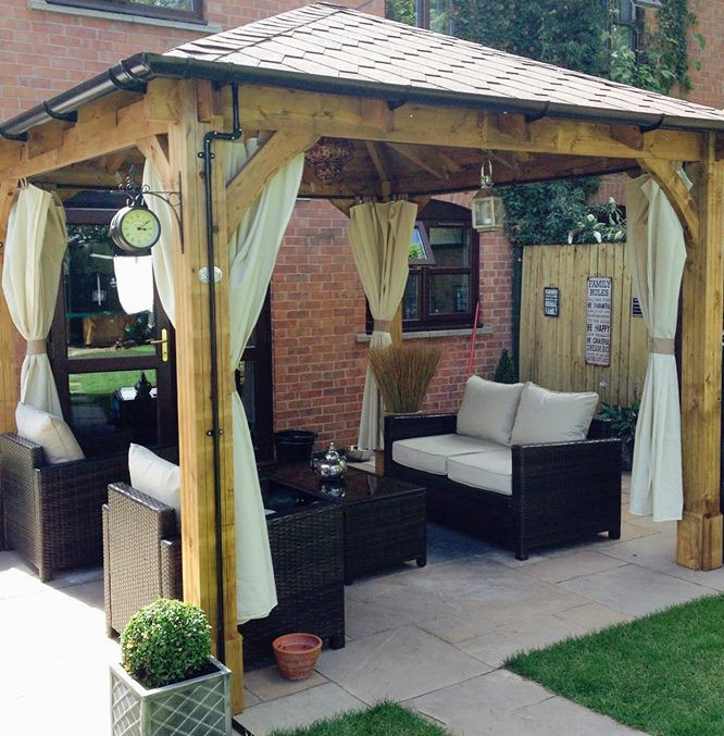 3x3 leviathan wooden garden gazebo with curtains