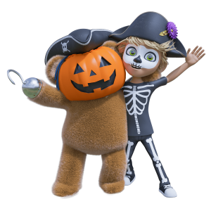 A child and a bear, both adorned in Halloween costumes, wave their hands in greeting.