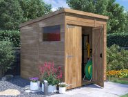 overlord garden shed with pent roof 1.8 x 2.4 with window and door open