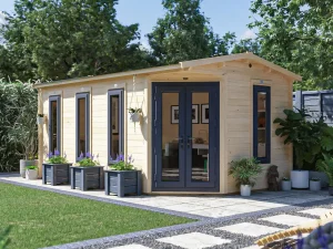 5m x 3m Corner Log Cabin Garden Summerhouse Grey uPVC