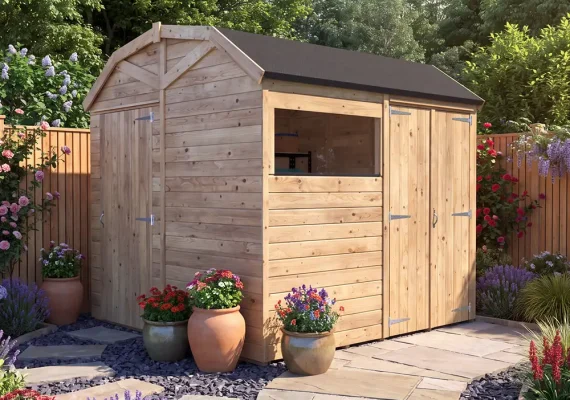 Pressure Treated 15mm Overlord Modular Reverse Dutch Barn Shed with Additional Door W2.4m x D2.4m