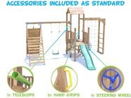 BalconyFort Climbing Frame with Single Swing, LOW Platform, Tall Climbing Wall, Monkey Bars, Cargo Net & Slide accessories included