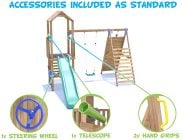 SquirrelFort Climbing Frame with Single Swing, HIGH Platform, Tall Climbing Wall & Slide accessories included
