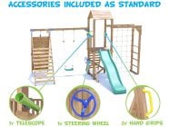 SquirrelFort Climbing Frame with Single Swing, HIGH Platform, Tall Climbing Wall, Monkey Bars, Cargo Net & Slide accessories included
