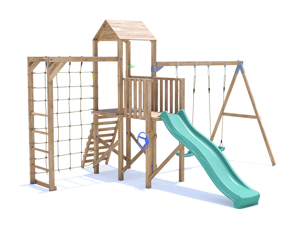 BalconyFort Climbing Frame with Double Swing, High Platform, Monkey Bars, Cargo Net and Slide