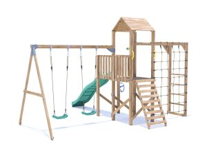 BalconyFort Climbing Frame with Double Swing, High Platform, Monkey Bars, Cargo Net and Slide