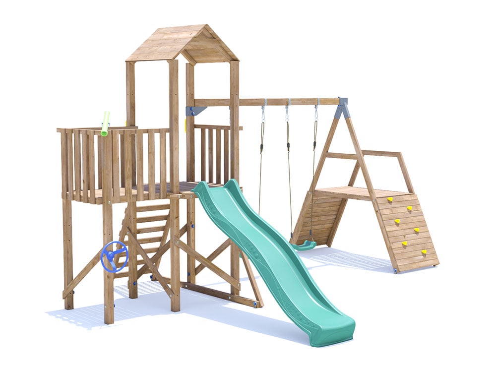 BalconyFort Climbing Frame with Double Swing, HIGH Platform, Climbing Wall & Slide