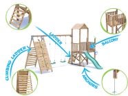 BalconyFort Climbing Frame with Double Swing, LOW Platform, Tall Climbing Wall & Slide Features